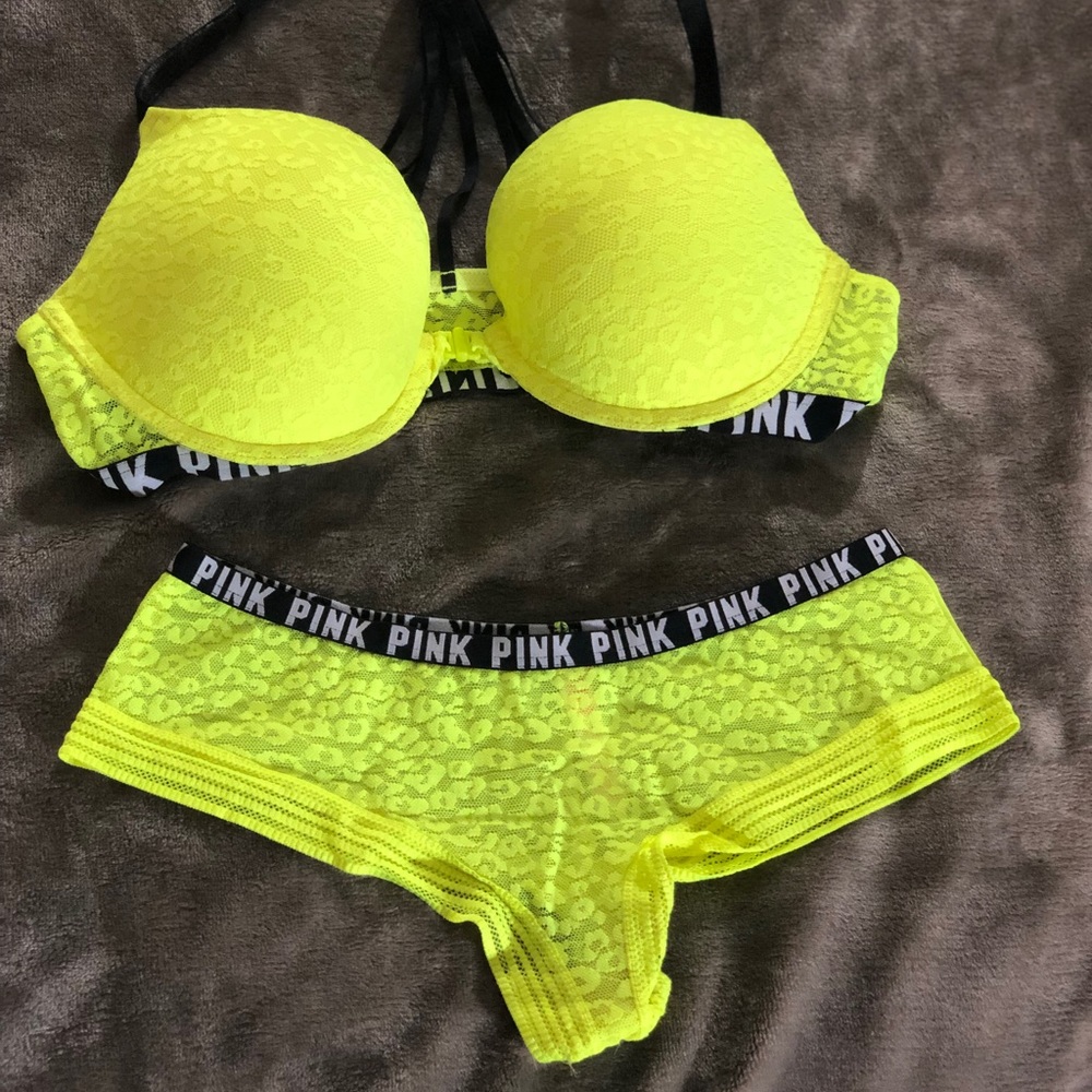 PINK neon yellow bra and panty set.(36C) (S)